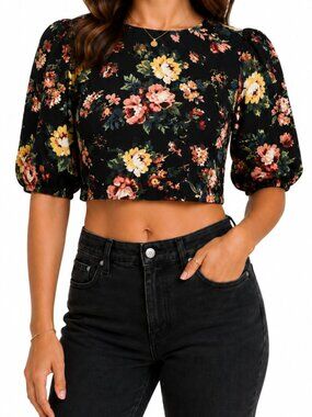 Shein Women's Black Floral High Neck Crop Top